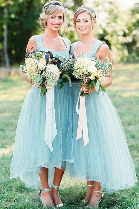 A-Line Square High Low Light Blue Bridesmaid Dress with Beading OHS017