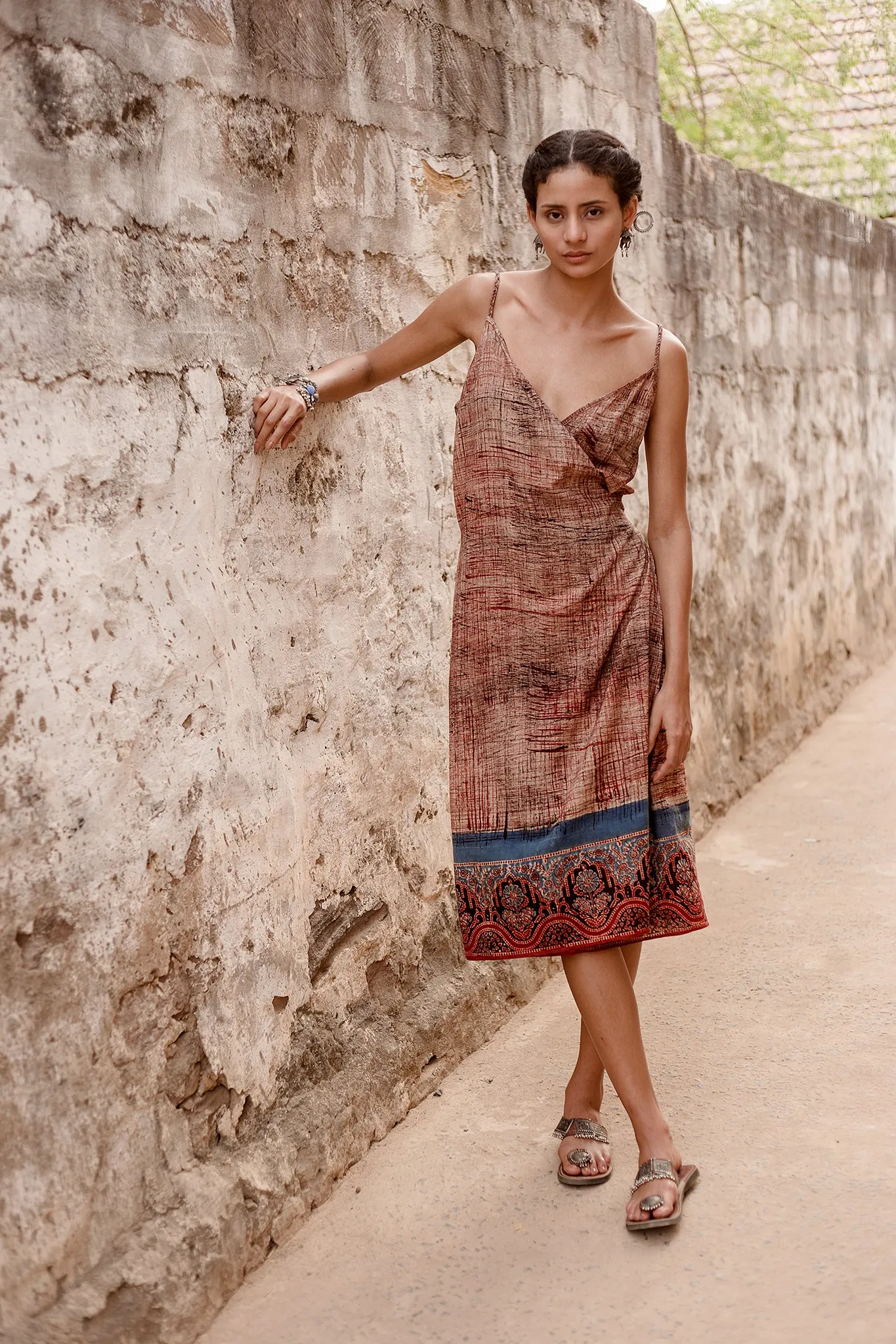Aahana Strappy Wrap Dress in Pomegranate Brushed Border