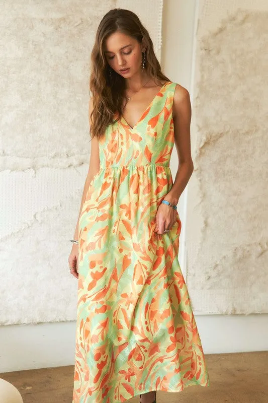 Abstract Floral V-Neck Maxi Dress