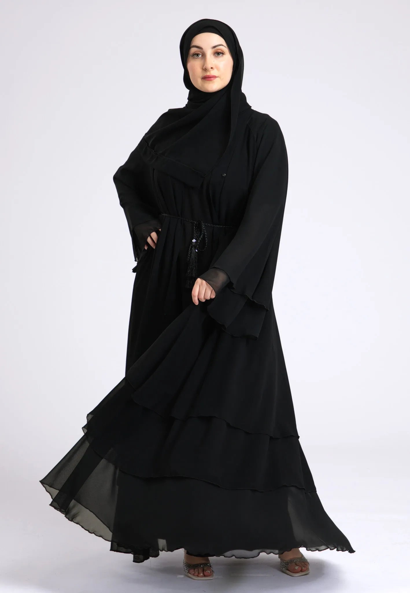 Black Chiffon 3 Layered Abaya With Inner Dress (Premium)