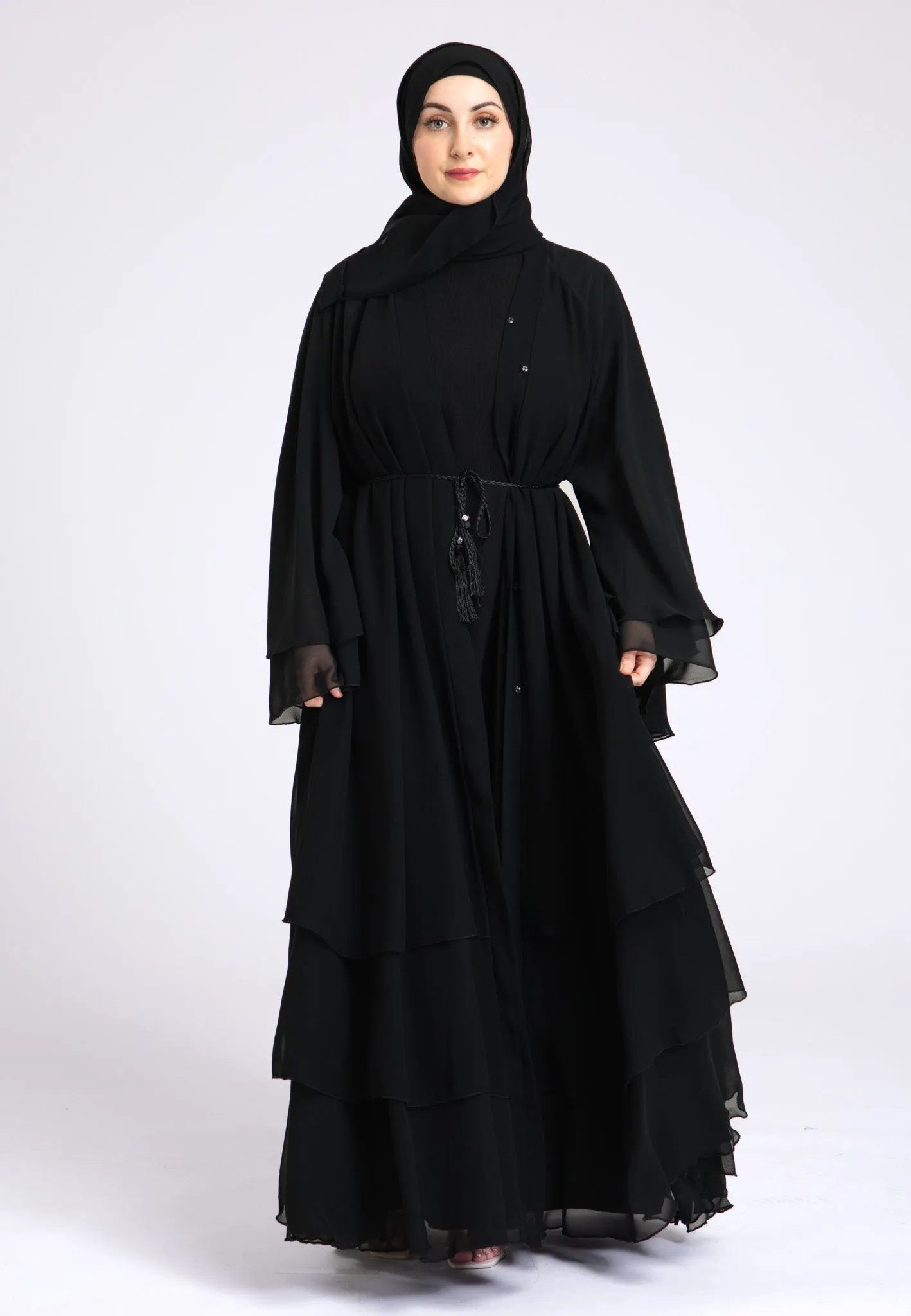 Black Chiffon 3 Layered Abaya With Inner Dress (Premium)