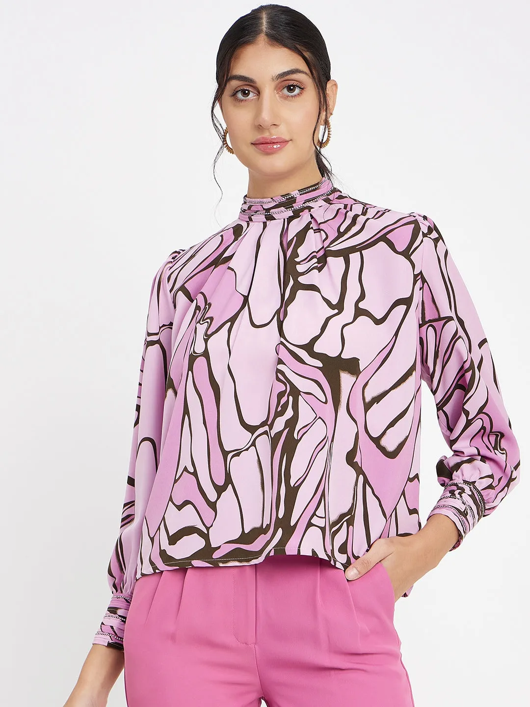 Madame Embellished Butterfly Print Mock Neck Mauve Top