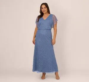 Plus Size Beaded Blouson Mermaid Gown With Sheer Dolman Sleeves In French Blue