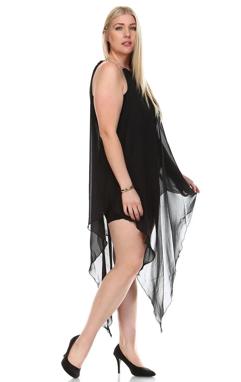 Plus Size Cocktail Dress Asymmetrical Hem with Gold Chains Black