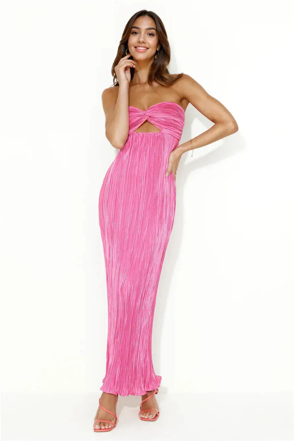Wearing This Tonight Plisse Strapless Maxi Dress Pink
