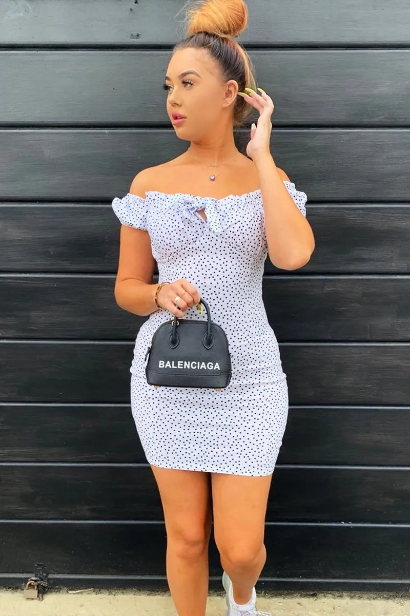 White Polka Dot Bow Detail Milkmaid Mini Dress - Galena