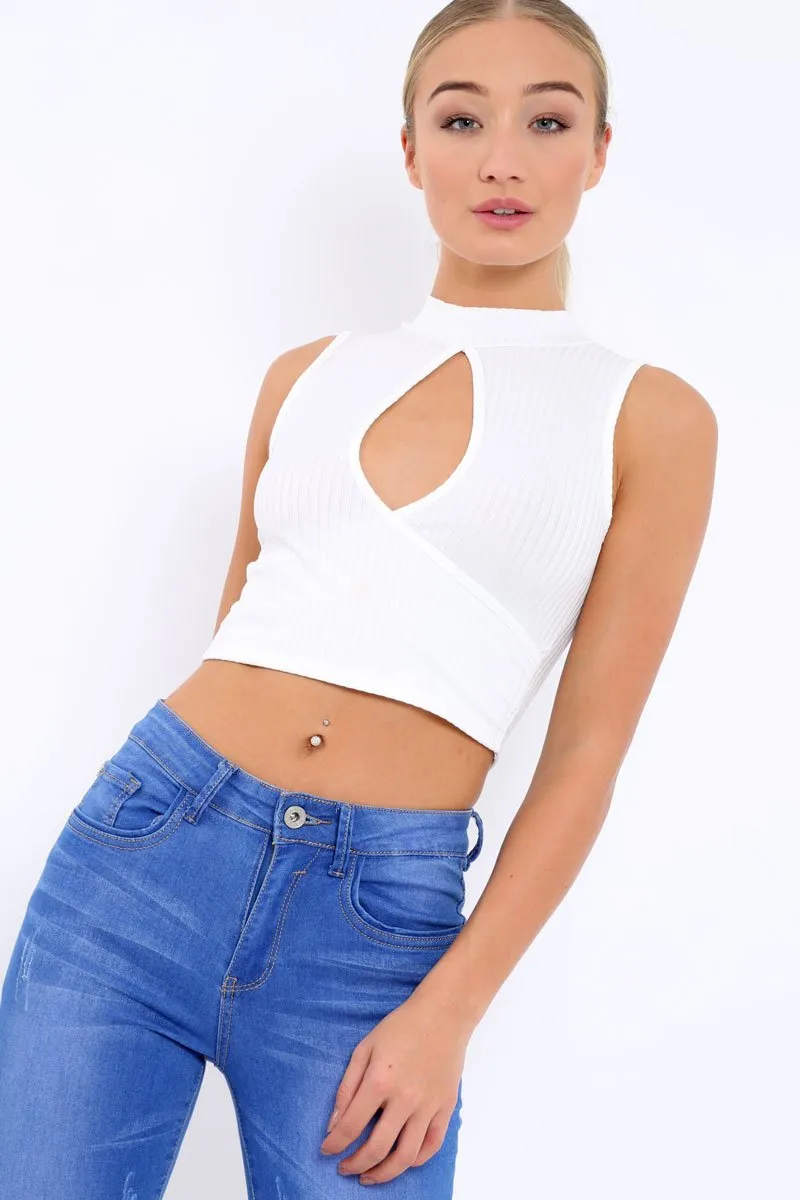White Ribbed High Neck Crop Top - Kamira